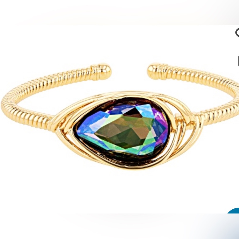 Mystic Topaz Gold Tone Cuff Bracelet. 7”. Boho, Festival Sparkle!
